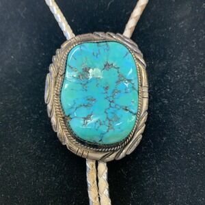 Turquoise Bolo Sterling Silver Vintage 2"  Large Statement